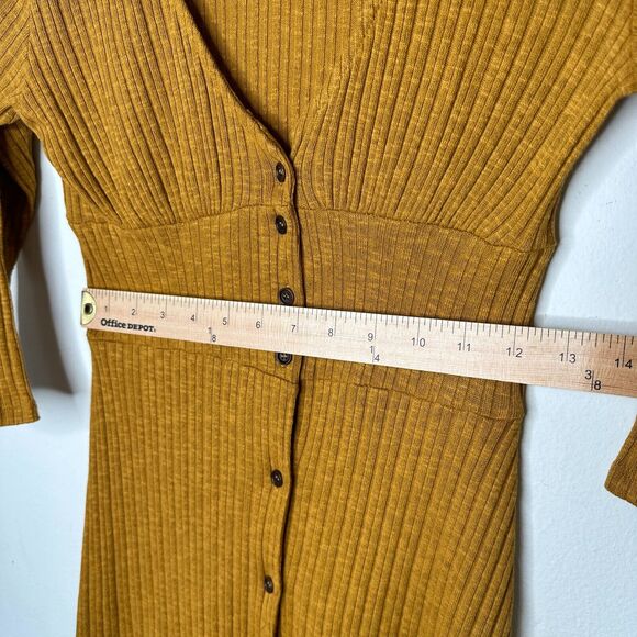 Pull & Bear Golden Yellow Cotton Rib Long Sleeve VNeck Button Up Mini Dress S - Picture 9 of 13